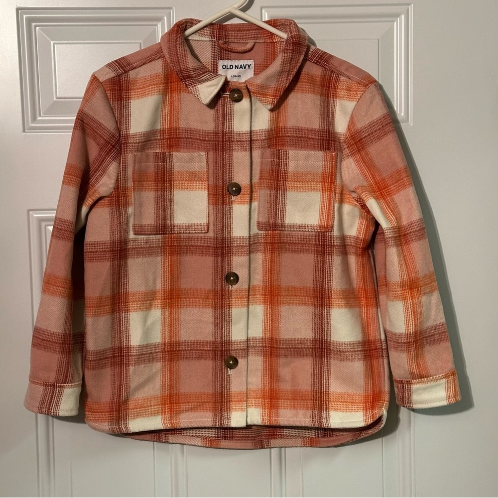 Old Navy Shacket Girls L 10/12 Pink Plaid Fleece Button Up Shirt Jacket Kids